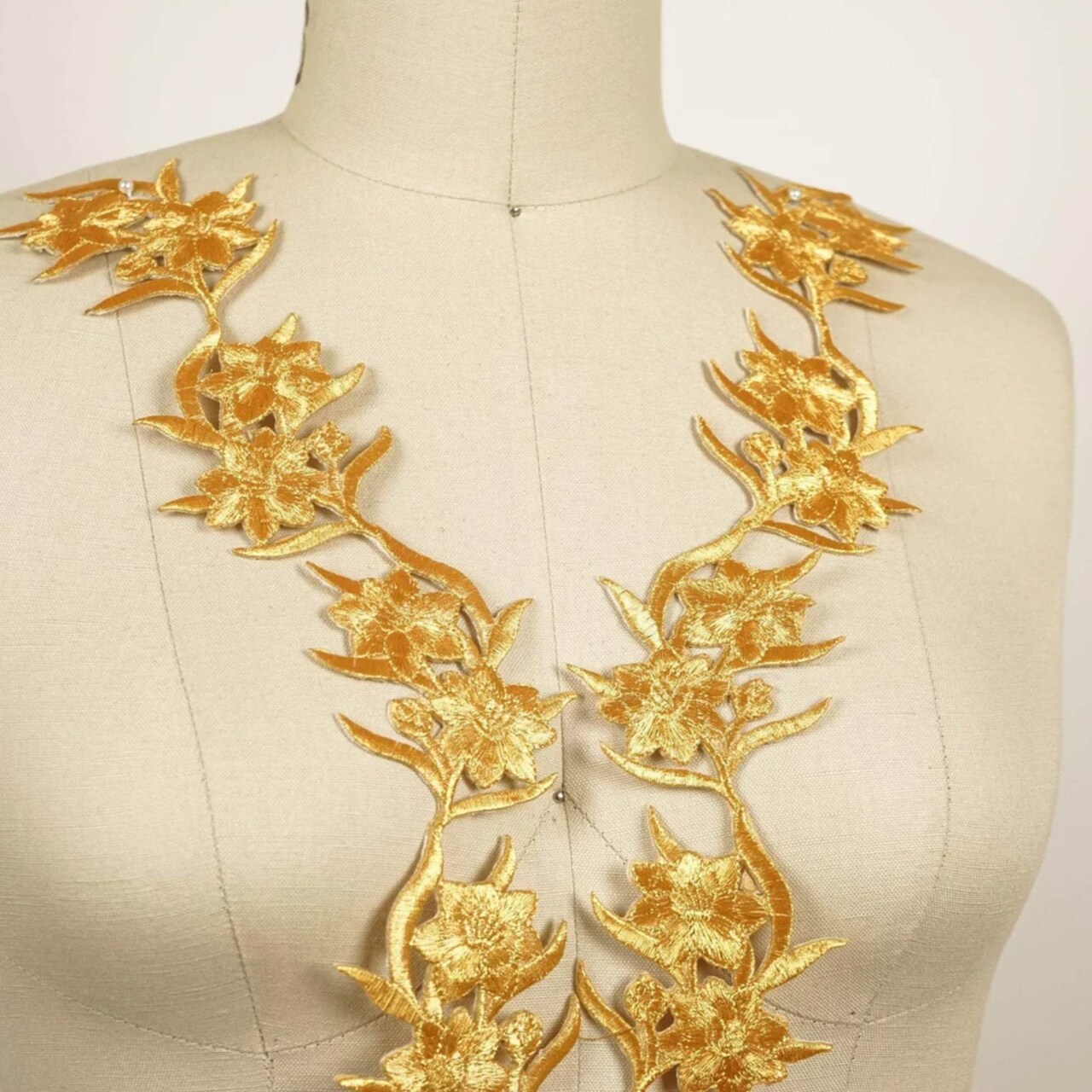 Gold Rose Embroidery Patch Pair Long Metallic Iron On Appliques 12.5 Inch